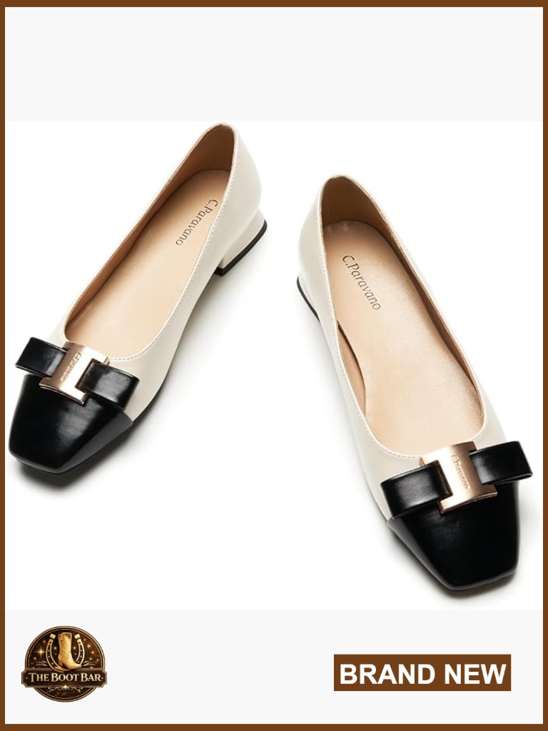 Leather Ballet Flats With Cushioned Insole, Square Toe, Buckle Detail